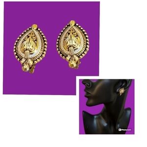 Vtg Estate Dainty Damascene Gothic Tear Drop Clip-on Punk Earrings